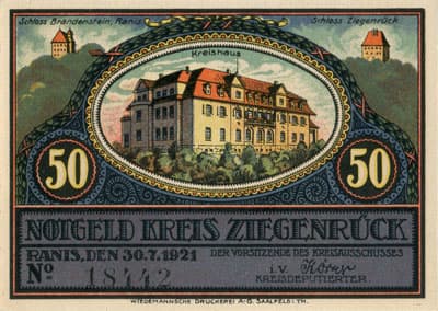 Notgeld Kreis Ziegenr�ck (Th�ringen - Allemagne) - 50&nbsp;pfennig - 30&nbsp;juillet&nbsp;1921 - n�&nbsp;18442 - Type 4 : Ziegenr�ck Gepl. Saalralsperre - face