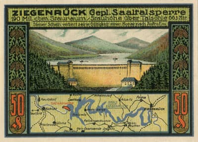 Notgeld Kreis Ziegenr�ck (Th�ringen - Allemagne) - 50&nbsp;pfennig - 30&nbsp;juillet&nbsp;1921 - n�&nbsp;18442 - Type 4 : Ziegenr�ck Gepl. Saalralsperre - dos