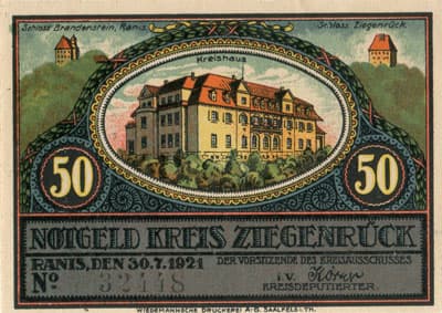 Notgeld Kreis Ziegenr�ck (Th�ringen - Allemagne) - 50&nbsp;pfennig - 30&nbsp;juillet&nbsp;1921 - n�&nbsp;32448 - Type 5 : Blankenberg (Saale) - face