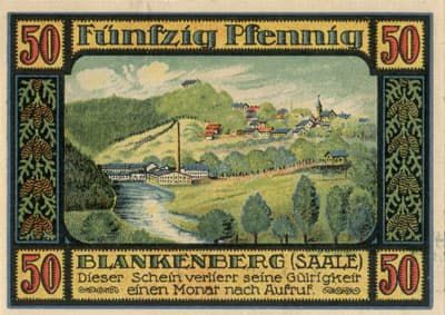 Notgeld Kreis Ziegenr�ck (Th�ringen - Allemagne) - 50&nbsp;pfennig - 30&nbsp;juillet&nbsp;1921 - n�&nbsp;32448 - Type 5 : Blankenberg (Saale) - dos