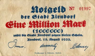 Notgeld der Stadt Zirndorf (Bayern - Allemagne) - 1&nbsp;000&nbsp;000&nbsp;mark - 15&nbsp;ao�t&nbsp;1923 - n�&nbsp;01997 - face