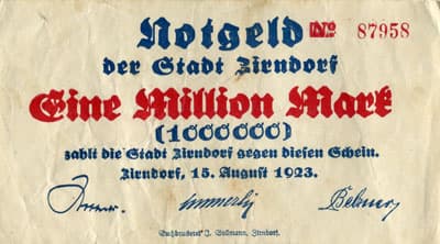 Notgeld der Stadt Zirndorf (Bayern - Allemagne) - 1&nbsp;000&nbsp;000&nbsp;mark - 15&nbsp;ao�t&nbsp;1923 - n�&nbsp;87958 - face