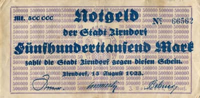 Notgeld der Stadt Zirndorf (Bayern - Allemagne) - 500&nbsp;000&nbsp;mark - 15&nbsp;ao�t&nbsp;1923 - n�&nbsp;66562 - face