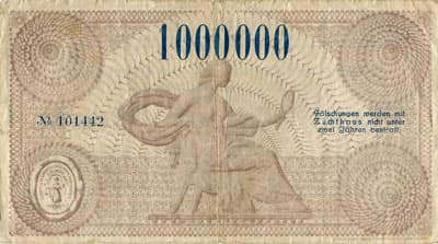 Notgeld der St�dte Zittau und&nbsp;Bautzen (Sachsen - Allemagne) - 1&nbsp;000&nbsp;000&nbsp;mark - 16&nbsp;ao�t&nbsp;1923 - n�&nbsp;101442 - dos