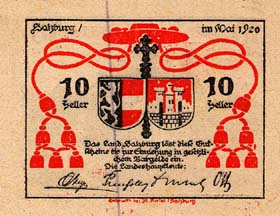 Notgeld Salzburg ( Autriche ) - 10 heller - mission de mai 1920 - dos