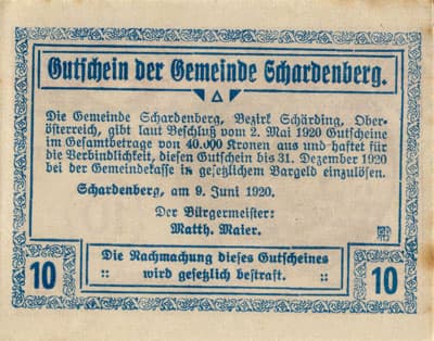 Gutschein der Gemeinde Schardenberg (Autriche) - 10 heller - 9&nbsp;juin&nbsp;1920 (bleu / bordeaux) - face
