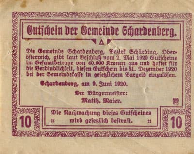 Gutschein der Gemeinde Schardenberg (Autriche) - 10 heller - 9&nbsp;juin&nbsp;1920 (violet / lavande) - face