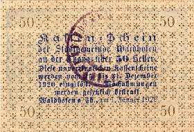 Notgeld Waidhofen an der Thaya ( Autriche ) - 50 heller - Emission du 1er juin 1920 - bleu - dos