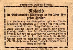 Notgeld Waidhofen an der Ybbs ( Autriche ) - 10 heller - émission du 1er février 1920 - dos