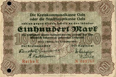 Notgeld Die Kreiskommunalkasse Oels oder die Stadthauptkasse Oels - 100&nbsp;mark - 5&nbsp;octobre&nbsp;1922 - s�rie&nbsp;E - n�&nbsp;049763 - face