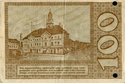 Notgeld Die Kreiskommunalkasse Oels oder die Stadthauptkasse Oels - 100&nbsp;mark - 5&nbsp;octobre&nbsp;1922 - s�rie&nbsp;E - n�&nbsp;049763 - dos