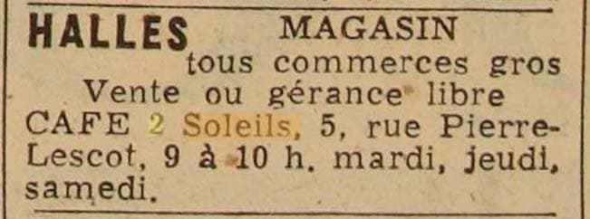 Petite annonce dans l'Aurore du 11 octobre 1949 pour la cession d'un café Aux 2 Soleils - 5, Rue Pierre Lescot aux Halles