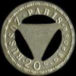 Jeton de nécessité de 20 centimes percé d'un cercle autour d'un triangle émis par Bussoz à Paris - revers