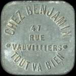 Jeton de nécessité de 90 centimes émis par Chez Benjamin - Tout va Bien - 47 Rue Vauvilliers à Paris - avers