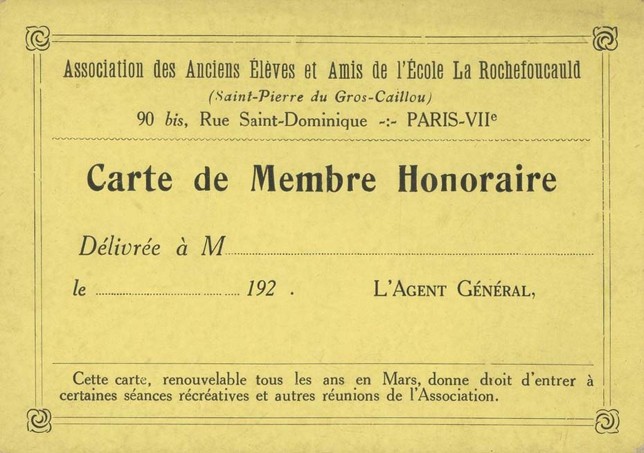 Carte de membre honoraire de l'Association des Anciens El�ves et Amis de l'Ecole La Rochefoucauld (Saint-Pierre du Gros-Caillou) - 90bis, Rue Saint-Dominique Paris VIIe