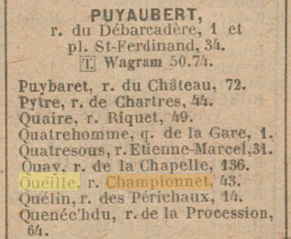Extrait de l'Annuaire du Commerce Didot-Bottin de 1909 où on trouve un débit de vins Queille au 43, Rue Championnet