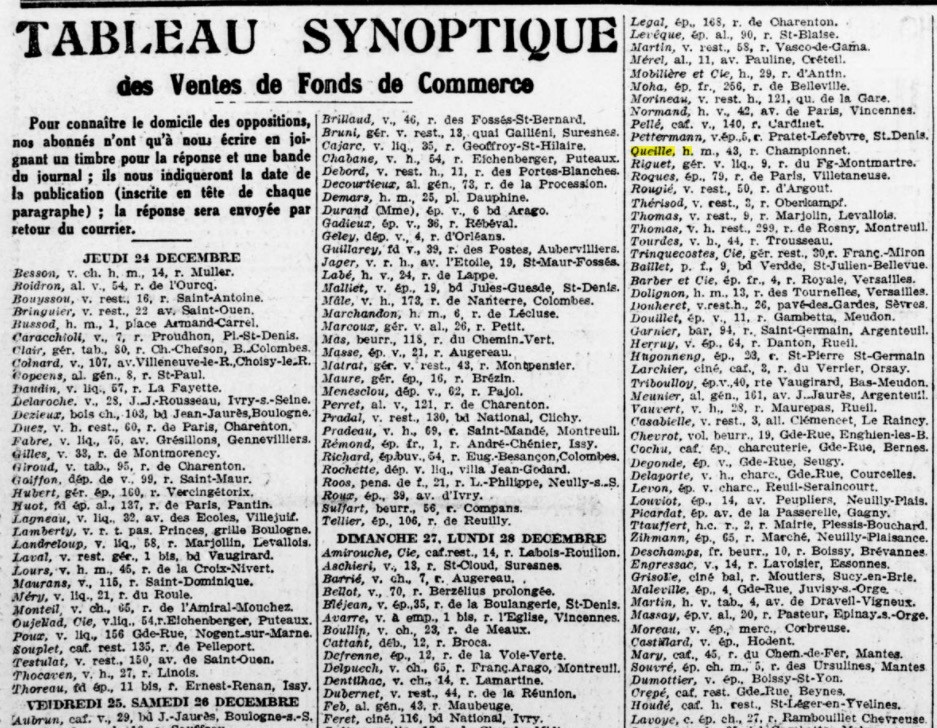 Avis dans l'Auvergnat de Paris du 3 janvier 1926 mentionnant une vente de fonds de commerce par H.Queille au 43, Rue Championnet