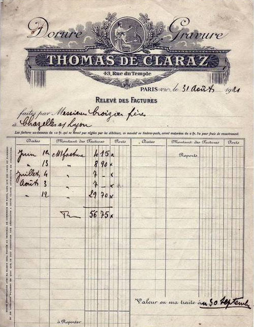 Facture Thomas de Claraz du 31 août 1921