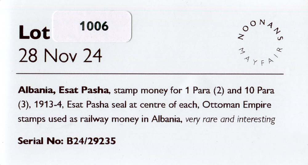 VO Noonans Mayfair du 28 novembre 2024, lot 1006 : 5 timbres-monnaie des Chemins de fer de l'Empire ottoman en Albanie Esat Pasha 1 et 10 para