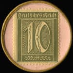 Timbre-monnaie 10 pfennig sur fond rose Cycles Scaldis - Anvers - (capsule cellulo�d) - revers