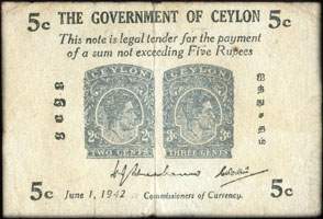 Timbre-monnaie Government of Ceylon 5 cents - June 1, 1942 - face