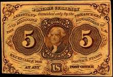 Postage currency 5 cents non dentelé avec monogramme au dos - face