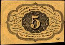 Postage currency 5 cents non dentelé avec monogramme au dos - dos