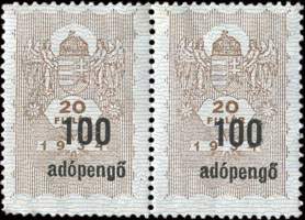 Paire de timbres-monnaie sur timbres-fiscaux de 20 filler 1934 surchargs 100 adopengo