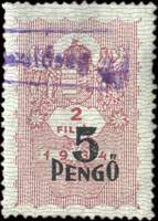 Timbre-monnaie sur timbre-fiscal de 2 filler 1934 surcharg 5 pengo