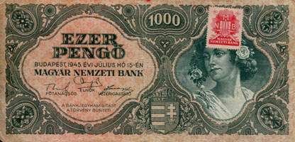 Billet hongrois de 1000 pengo F 021 / 044792 surcharg par timbre rouge 3/4 - face