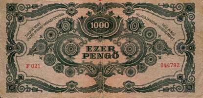 Billet hongrois de 1000 pengo F 021 / 044792 surcharg par timbre rouge 3/4 - dos