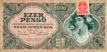 Billet hongrois de 1000 pengo F 151 / 004622 surcharg par timbre rouge 3/4 - face