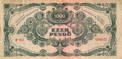 Billet hongrois de 1000 pengo F 151 / 004622 surcharg par timbre rouge 3/4 - dos