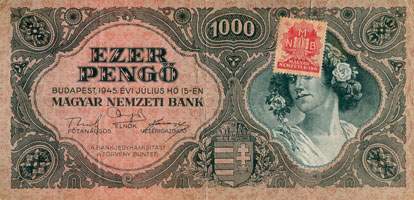 Billet hongrois de 1000 pengo F 227 / 032985 surcharg par timbre rouge 3/4 - face