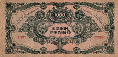 Billet hongrois de 1000 pengo F 227 / 032985 surcharg par timbre rouge 3/4 - dos