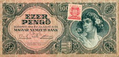 Billet hongrois de 1000 pengo F 233 / 005439 surcharg par timbre rouge 3/4 - face