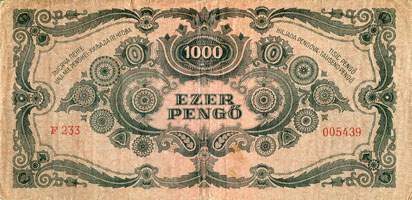 Billet hongrois de 1000 pengo F 233 / 005439 surcharg par timbre rouge 3/4 - dos