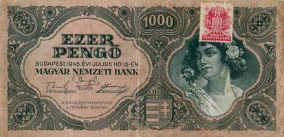 Billet hongrois de 1000 pengo F 291 / 020862 surcharg par timbre rouge 3/4 - face