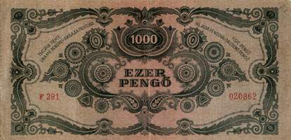 Billet hongrois de 1000 pengo F 291 / 020862 surcharg par timbre rouge 3/4 - dos