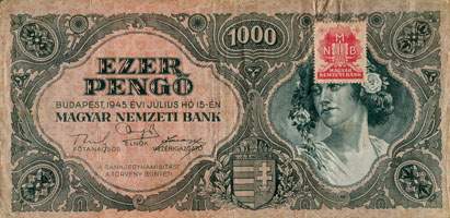 Billet hongrois de 1000 pengo F 299 / 028464 surcharg par timbre rouge 3/4 - face