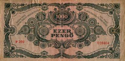 Billet hongrois de 1000 pengo F 299 / 028464 surcharg par timbre rouge 3/4 - dos