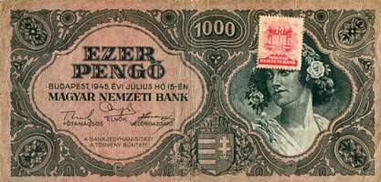 Billet hongrois de 1000 pengo F 512 / 016192 surcharg par timbre rouge 3/4 - face
