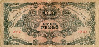 Billet hongrois de 1000 pengo F 512 / 016192 surcharg par timbre rouge 3/4 - dos