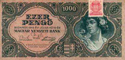 Billet hongrois de 1000 pengo F 555 / 091365 surcharg par timbre rouge 3/4 - face