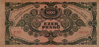 Billet hongrois de 1000 pengo F 555 / 091365 surcharg par timbre rouge 3/4 - dos