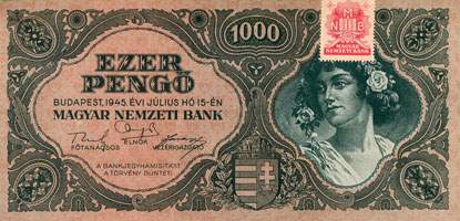 Billet hongrois de 1000 pengo F 555 / 091366 surcharg par timbre rouge 3/4 - face