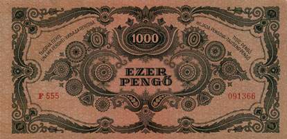 Billet hongrois de 1000 pengo F 555 / 091366 surcharg par timbre rouge 3/4 - dos