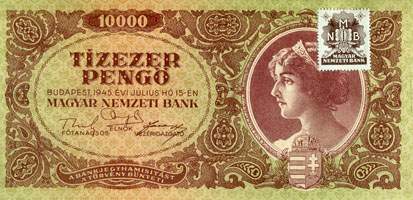 Billet hongrois de 10000 pengo L 866 / 038115 surcharg par timbre brun 3/4 - face