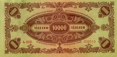 Billet hongrois de 10000 pengo L 866 / 038115 surcharg par timbre brun 3/4 - dos