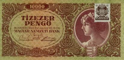 Billet hongrois de 10000 pengo L 866 / 038116 surcharg par timbre brun 3/4 - face